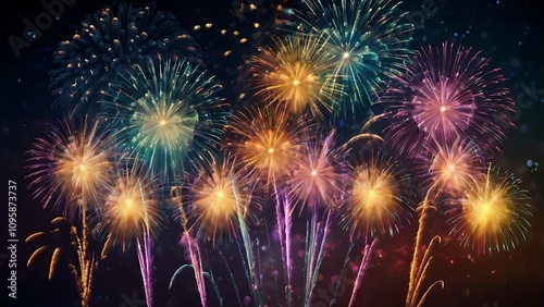 Abstract colored fireworks background with beautiful fireworks lighting up the night sky. Bokeh effect