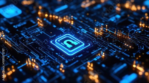 A close-up view of a digital circuit board with glowing components and a security symbol.