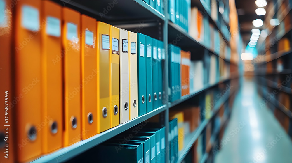 Close-up of Colorful Binders on Bookshelves Close-up of Colorful Binders on Bookshelves