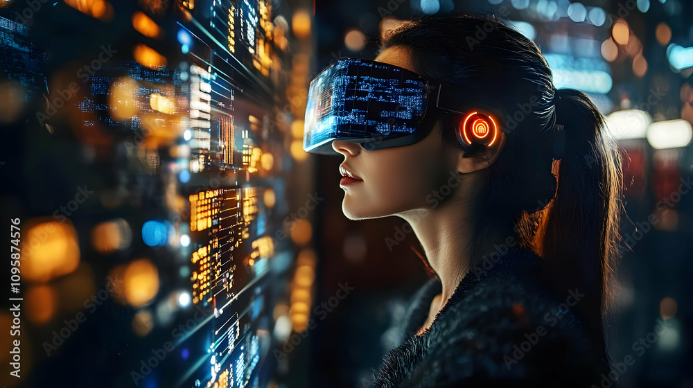 Woman in VR Headset Looking at Futuristic Display Woman in VR Headset Looking at Futuristic Display