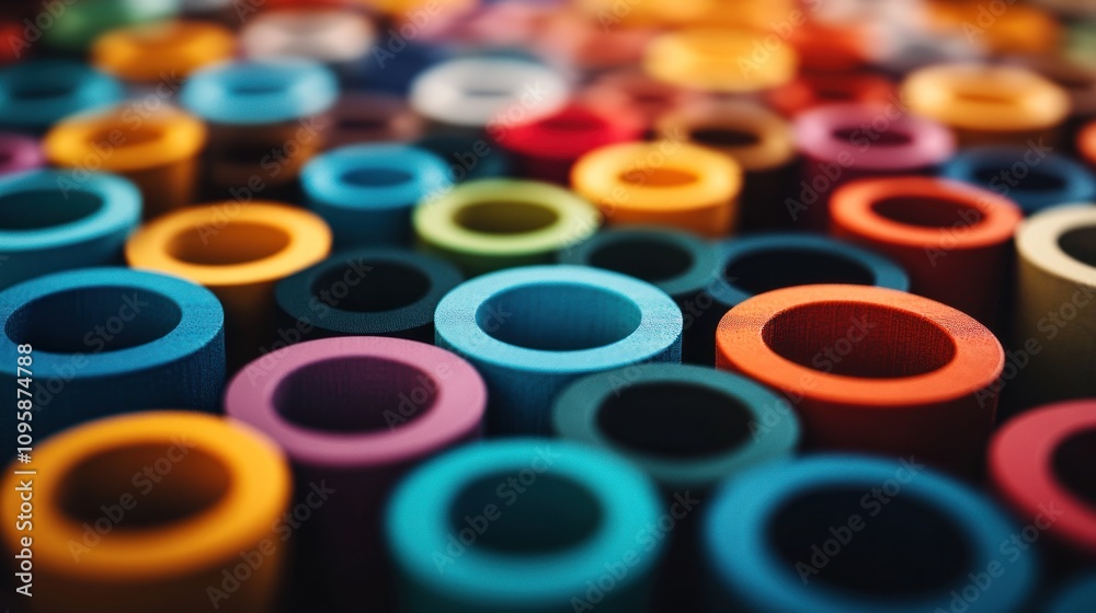 A vibrant array of colorful cylindrical objects arranged closely together.
