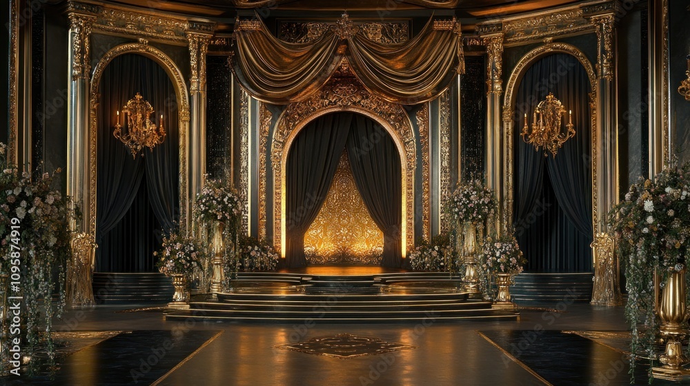 Fototapeta premium Ornate bridal stage, dark and light contrasts, heavy floral arrangements, regal golden decor