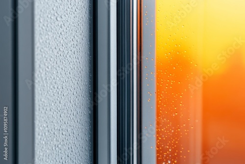 Close-up of condensation on windowpane at sunset.