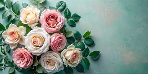 Elegant pastel roses and lush green leaves arranged on a textured background