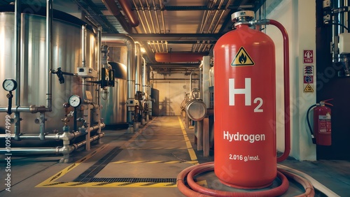 Hydrogen Gas Cylinders in Industrial Environment with Safety Signage