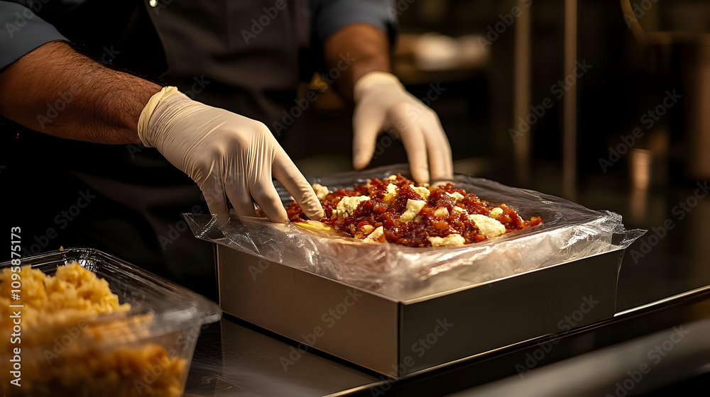Chef Preparing a Delicious Meal in a Metal Tray - Realistic Image Chef Preparing a Delicious Meal in a Metal Tray - Realistic Image