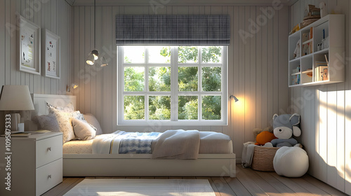 Wallpaper Mural Cozy Bedroom Interior Design with Wooden Walls and Large Window Torontodigital.ca