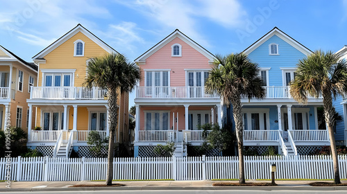 Colorful Beach Houses with Palm Trees - Photo