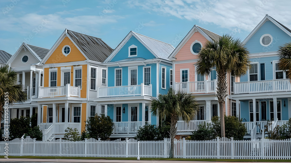 Colorful Houses with White Fences and Palm Trees - Photo Colorful Houses with White Fences and Palm Trees - Photo