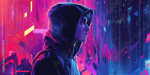 An illustration of a hacker character in a hoodie, with abstract elements like code and digital effects surrounding them, creating an engaging visual narrative. photo