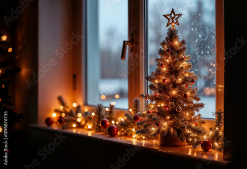 decoracion de arbol de navidad, al lado de la ventana