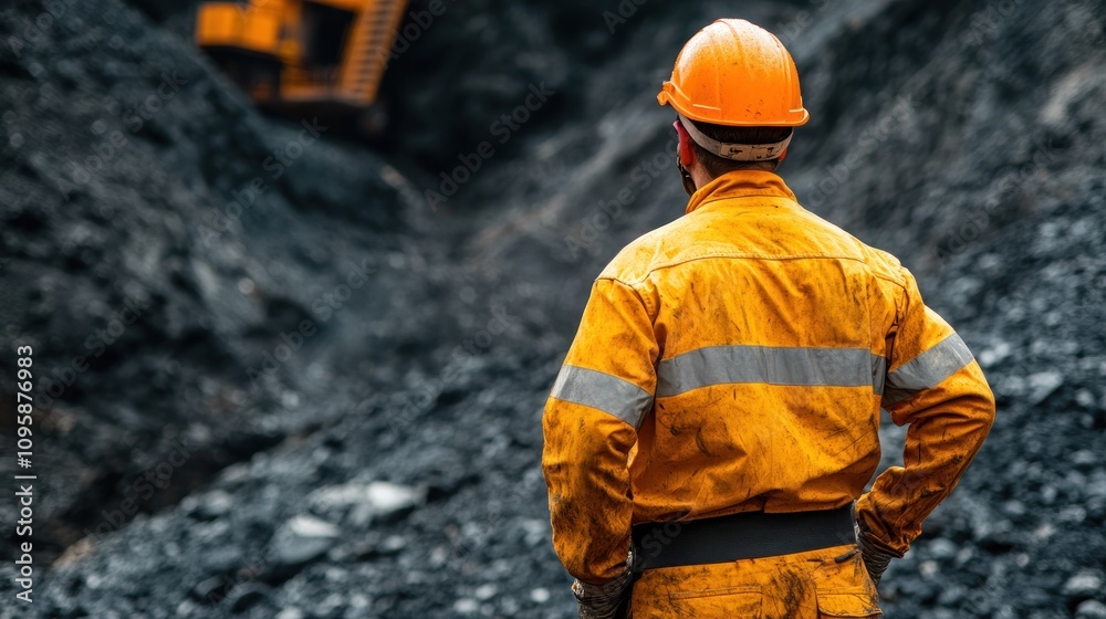 A worker in safety gear observes a mining site filled with coal. A worker in safety gear observes a mining site filled with coal.