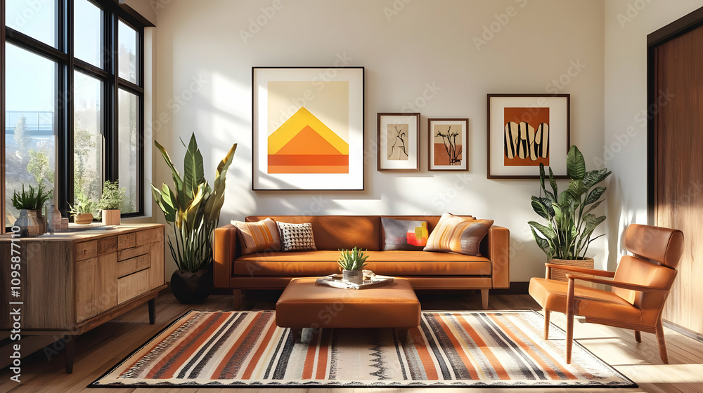 Fototapeta premium Modern Living Room Interior Design with Leather Sofa and Geometric Artwork