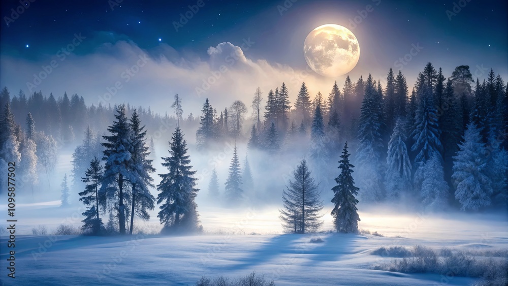 Serene Winter Night Misty Forest Under a Full Moon's Glow Serene Winter Night Misty Forest Under a Full Moon's Glow