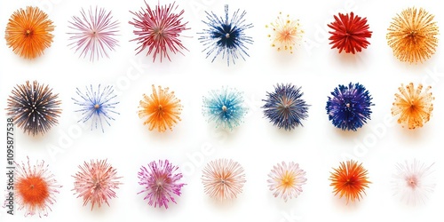 An isolated shot of various firework bursts arranged artistically on a white background, perfect for use in digital graphics.