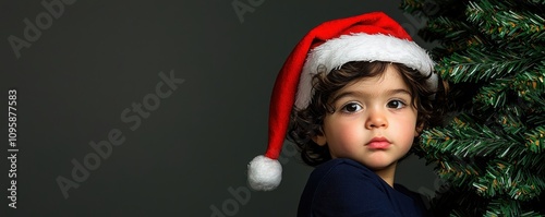 A young child in a Santa hat gazes curiously next to a Christmas tree, embodying the festive spirit of the holiday season.