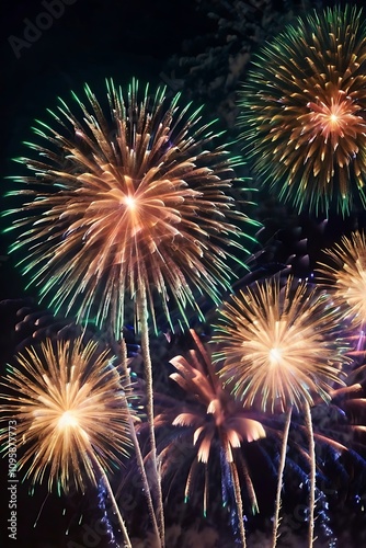 Abstract colored fireworks background with beautiful fireworks lighting up the night sky. Bokeh effect