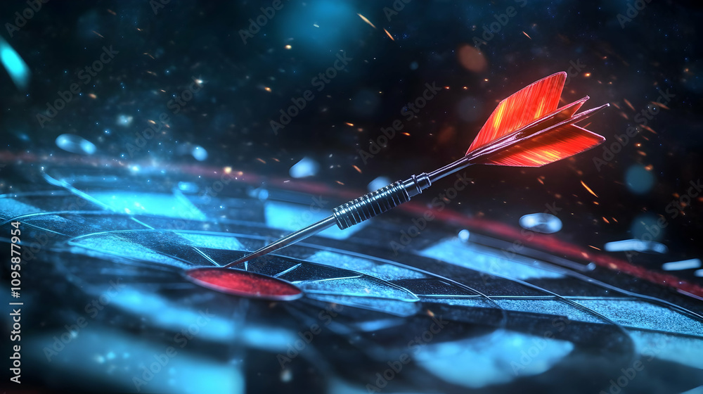 Red Dart on Bullseye in Blue Abstract Background - 3D Illustration Red Dart on Bullseye in Blue Abstract Background - 3D Illustration