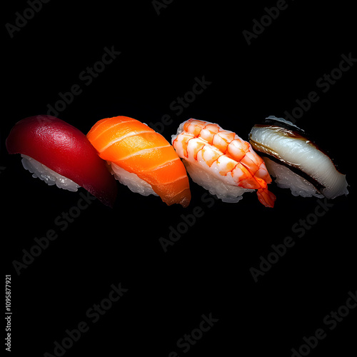 Artistic nigiri sushi arrangement studio setting food black background close-up gourmet composition