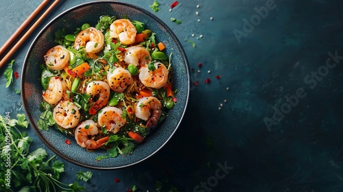 Stir-fried shrimp noodles, chopsticks and veggies, authentic Asian meal
