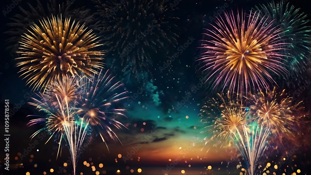 Fototapeta premium Abstract colored fireworks background with beautiful fireworks lighting up the night sky. Bokeh effect
