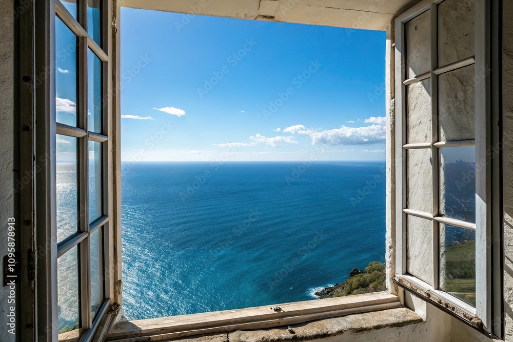 A window that frames a breathtaking view of the endless blue expanse above, natural, blue, landscape, peaceful, serene A window that frames a breathtaking view of the endless blue expanse above, natural, blue, landscape, peaceful, serene