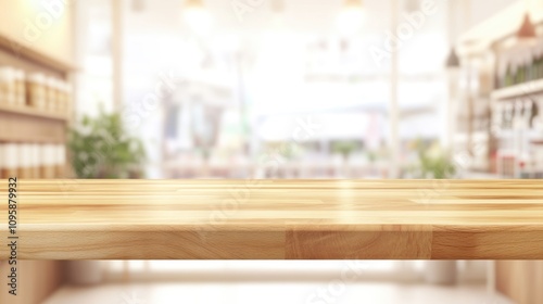 Empty beautiful wood tabletop counter on interior in clean and cafe with bokeh bright background. Ready for display, product montage, stage showcase, promotion display.
