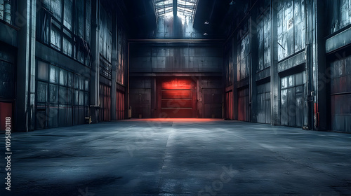 Industrial Warehouse Interior with Red Door - Abstract Background