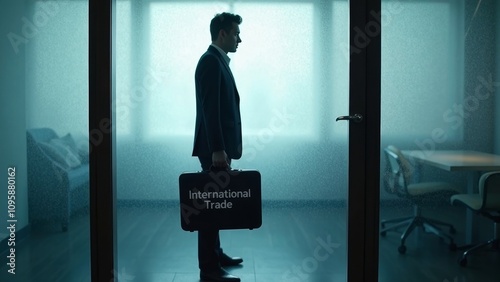 Silhouette of a businessman holding an 'International Trade' briefcase in a frosted glass office door photo