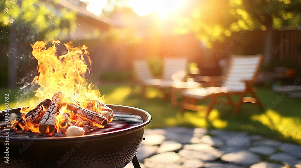 Grill With Flames And Smoke In Backyard Photo Grill With Flames And Smoke In Backyard Photo