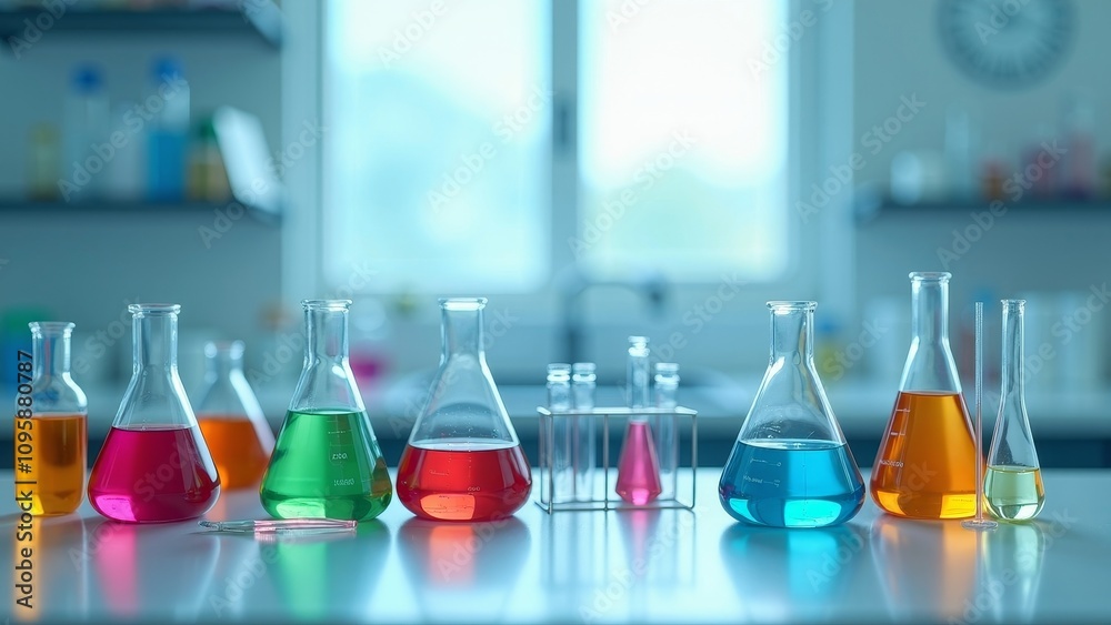 Top-down view of a well-organized lab bench with colorful flasks and test tubes ready for experimentation Top-down view of a well-organized lab bench with colorful flasks and test tubes ready for experimentation