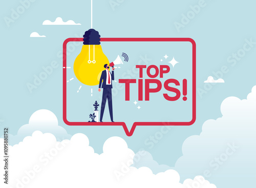 Top tips, fun fact, idea or advice message, useful knowledge or wisdom, expert information, explanation or solution, useful tips concept, man talk on megaphone on top tips speech bubble photo