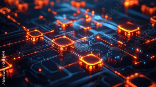 A close-up view of a futuristic circuit board with glowing elements and intricate patterns.