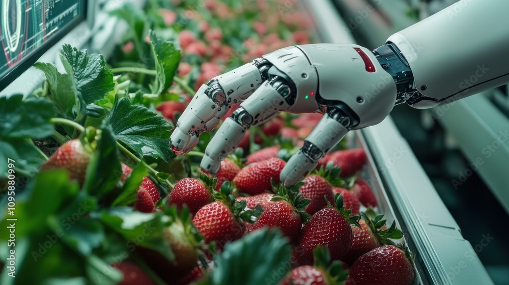 A robotic hand harvesting strawberries in a high-tech agricultural setting.