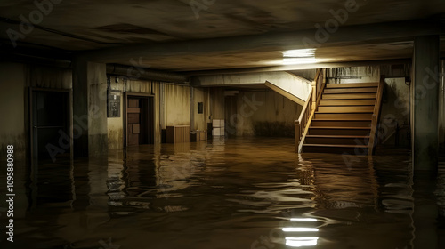 Flooded Basement With Wooden Stairs 3D Illustration