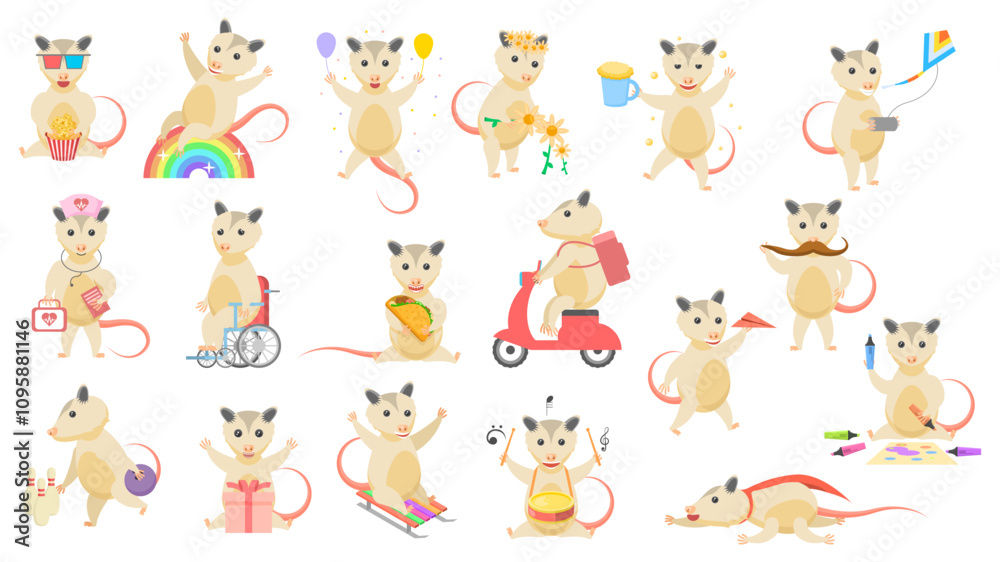 Big Set Abstract Collection Flat Cartoon Different Animal Opossums Vector Design Style Elements Fauna Wildlife Big Set Abstract Collection Flat Cartoon Different Animal Opossums Vector Design Style Elements Fauna Wildlife