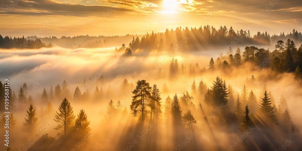 Golden Sunrise Illuminates Misty Pine Forest with Crepuscular Rays Golden Sunrise Illuminates Misty Pine Forest with Crepuscular Rays