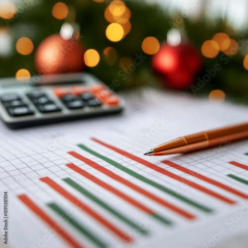 Close-up of financial report with pen, calculator, and blurred Christmas lights.