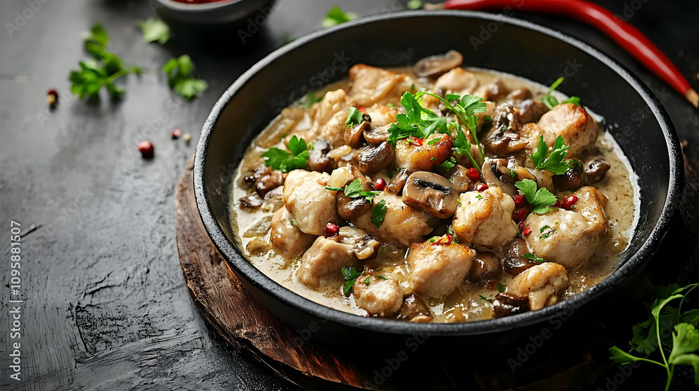 Chicken and Mushroom Stew in a Creamy Sauce - Realistic Image Chicken and Mushroom Stew in a Creamy Sauce - Realistic Image