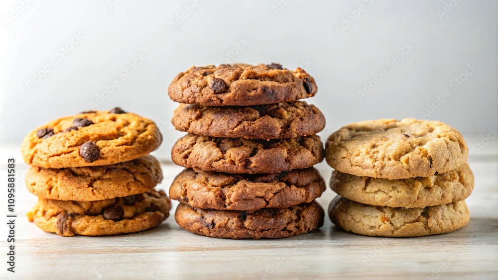 Three stacks of freshly baked cookies, a delightful assortment of chocolate chip and oatmeal varieties. Three stacks of freshly baked cookies, a delightful assortment of chocolate chip and oatmeal varieties.