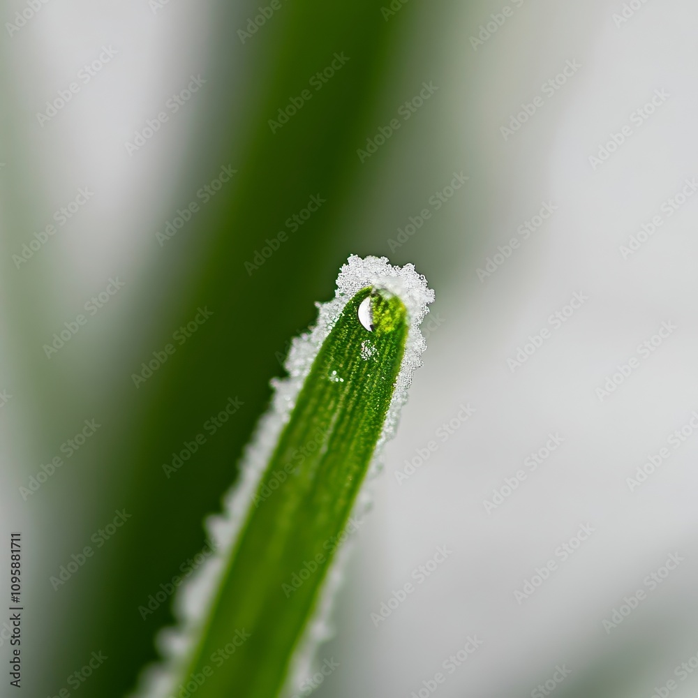 Close-up of frost-covered grass blade with dewdrop. Close-up of frost-covered grass blade with dewdrop.