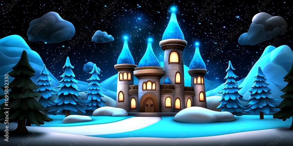 Naklejka premium Enchanting Winter Castle Night Scene Fantasy Illustration