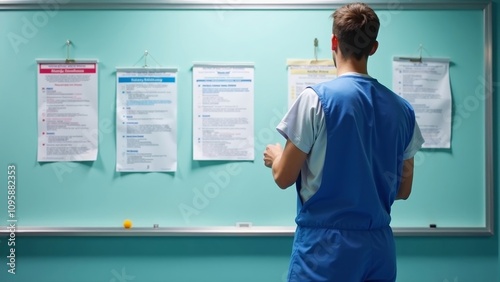 Hospital staff reviewing safety protocol updates on bulletin board, focus on health communication