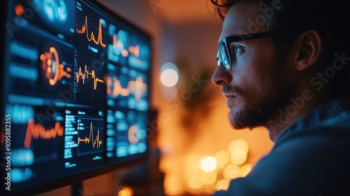 A focused individual analyzes data on a high-tech monitor in a dimly lit environment.