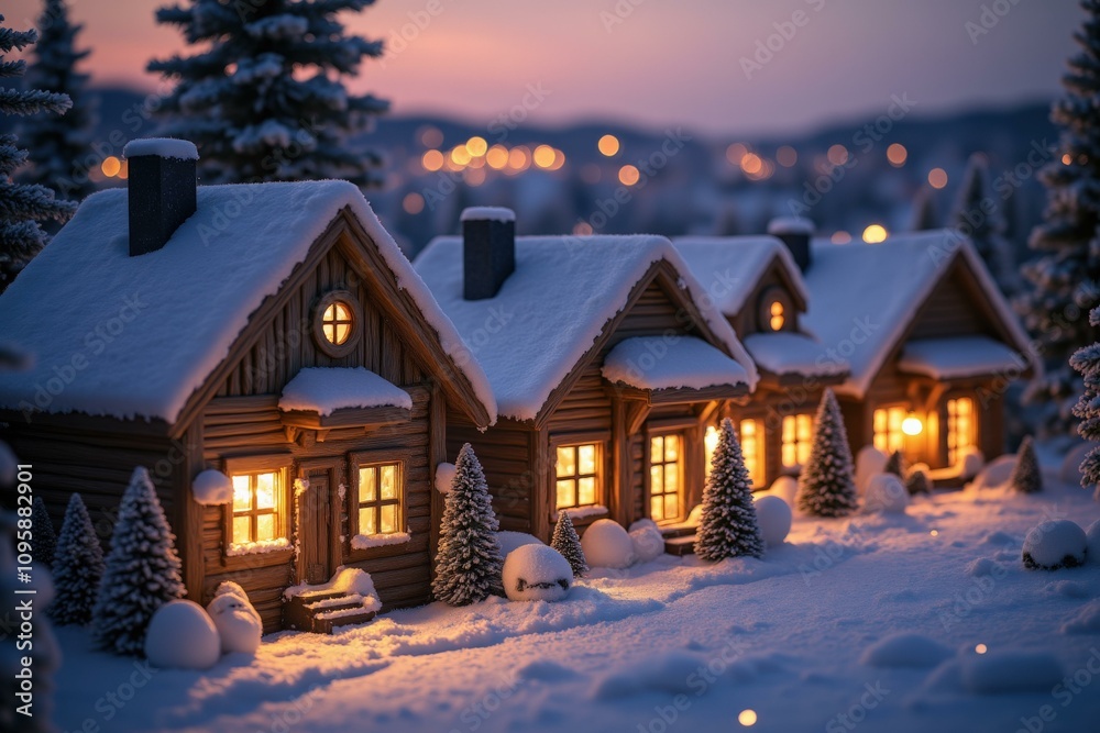 Fototapeta premium Enchanting Winter Village Scene: Cozy Log Cabins in Snowy Landscape, Perfect for Holiday Decorations or Christmas Cards