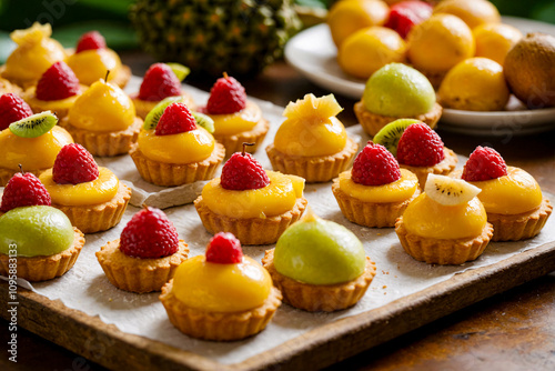 A tray of mini fruit tarts on a table. photo