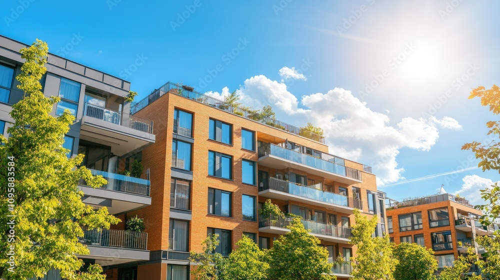Fototapeta premium Modern Apartment Building Under Bright Blue Sky