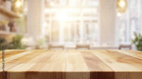Empty beautiful wood tabletop counter on interior in clean and cafe with bokeh bright background. Ready for display, product montage.