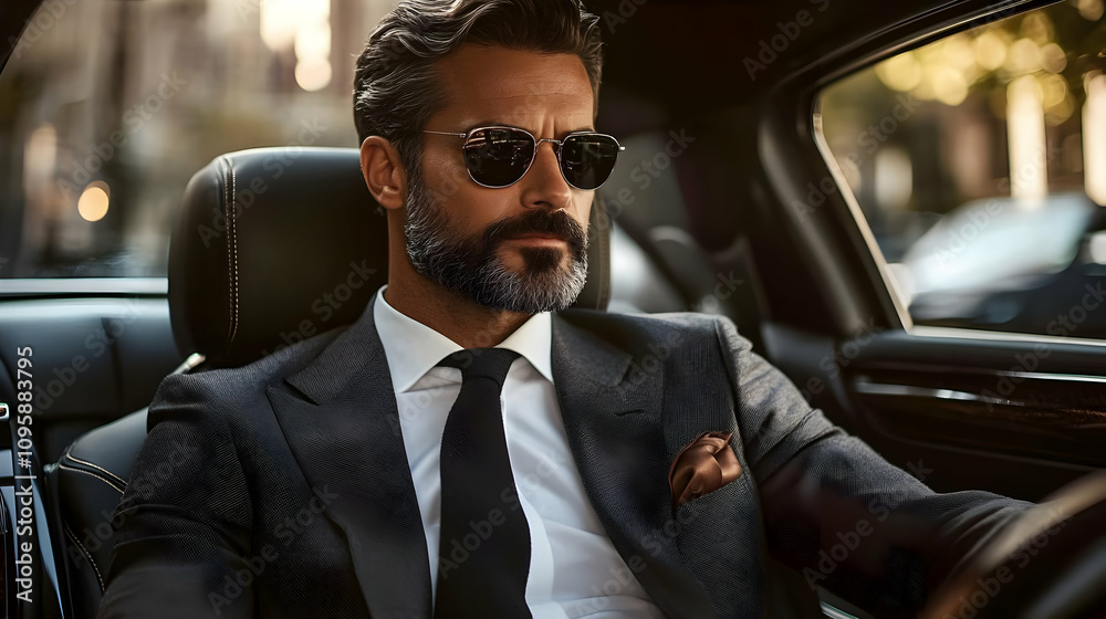Man in Suit and Sunglasses Driving a Car - Realistic Photo Man in Suit and Sunglasses Driving a Car - Realistic Photo