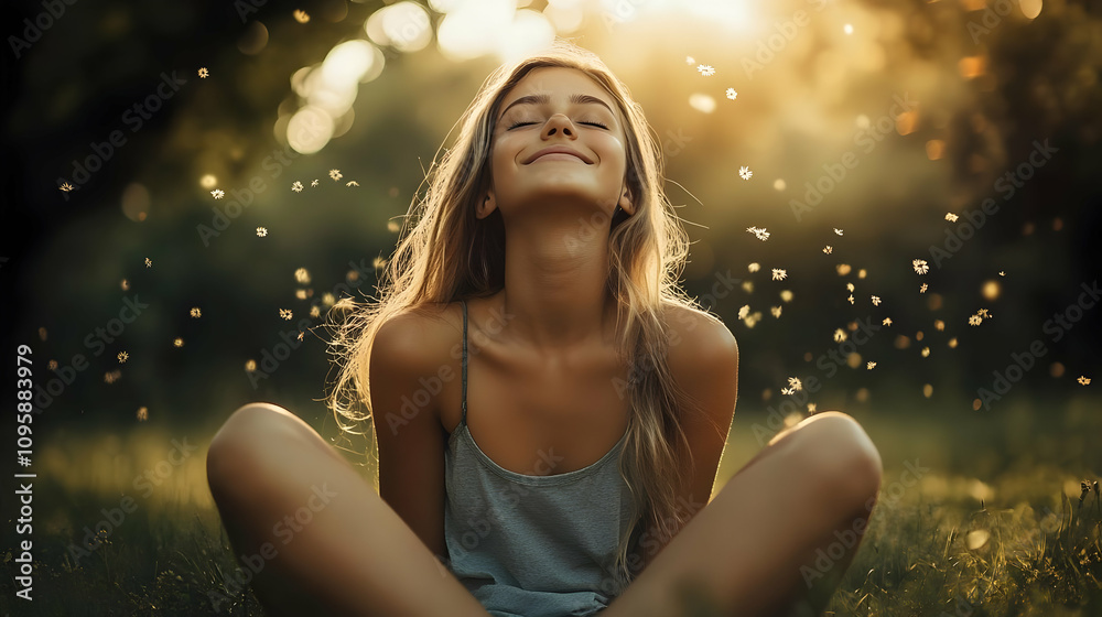 Woman with Blonde Hair Sitting in Field with Dandelions Woman with Blonde Hair Sitting in Field with Dandelions